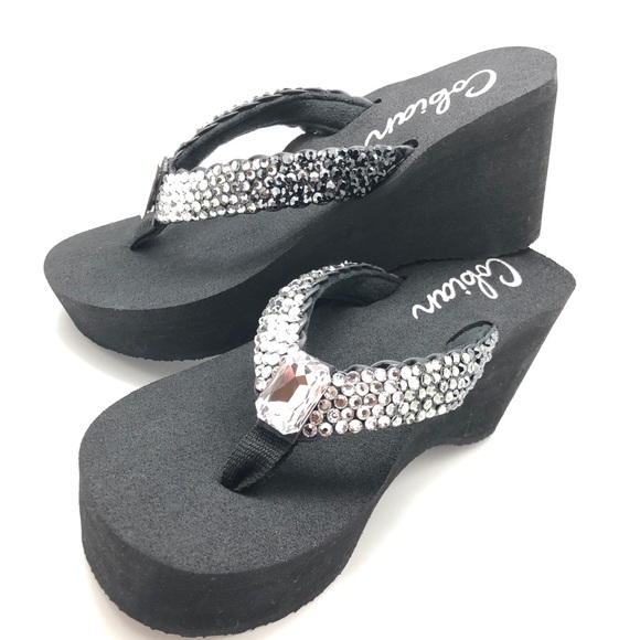 swarovski flip flops wedge